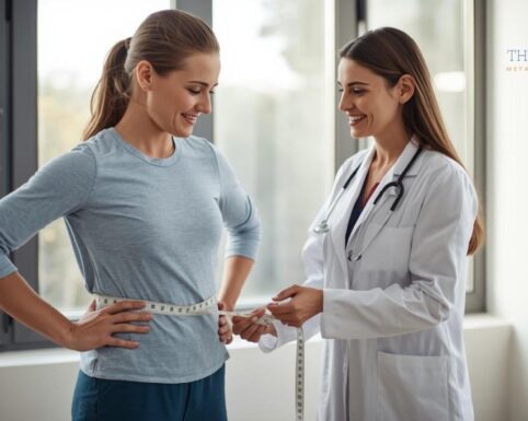A naturopathic doctor measures a woman’s waist with a tape measure during a medical appointment.