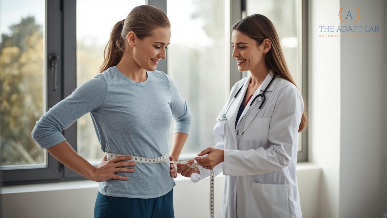 A naturopathic doctor measures a woman’s waist with a tape measure during a medical appointment.