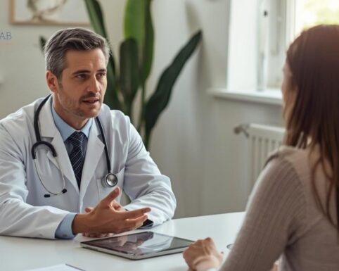 A naturopathic doctor consulting a patient about medical weight loss solutions.