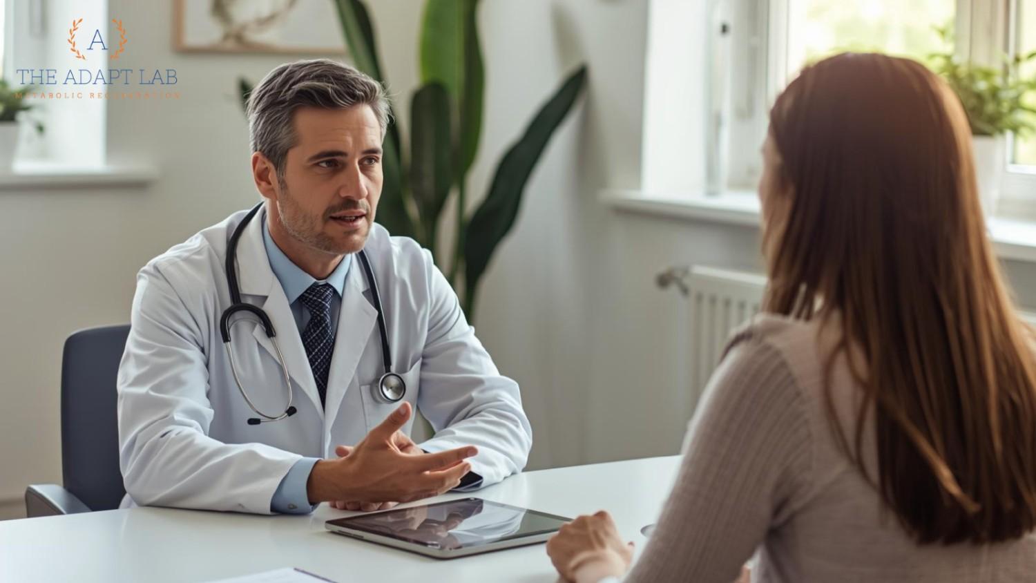 A naturopathic doctor consulting a patient about medical weight loss solutions.