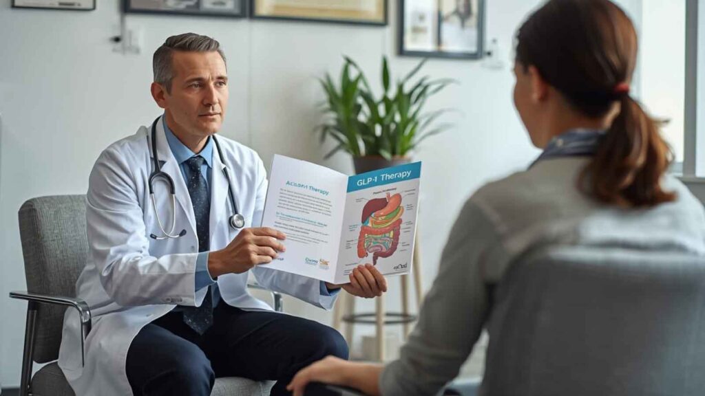 A doctor shows a patient a brochure detailing GLP-1 therapy.