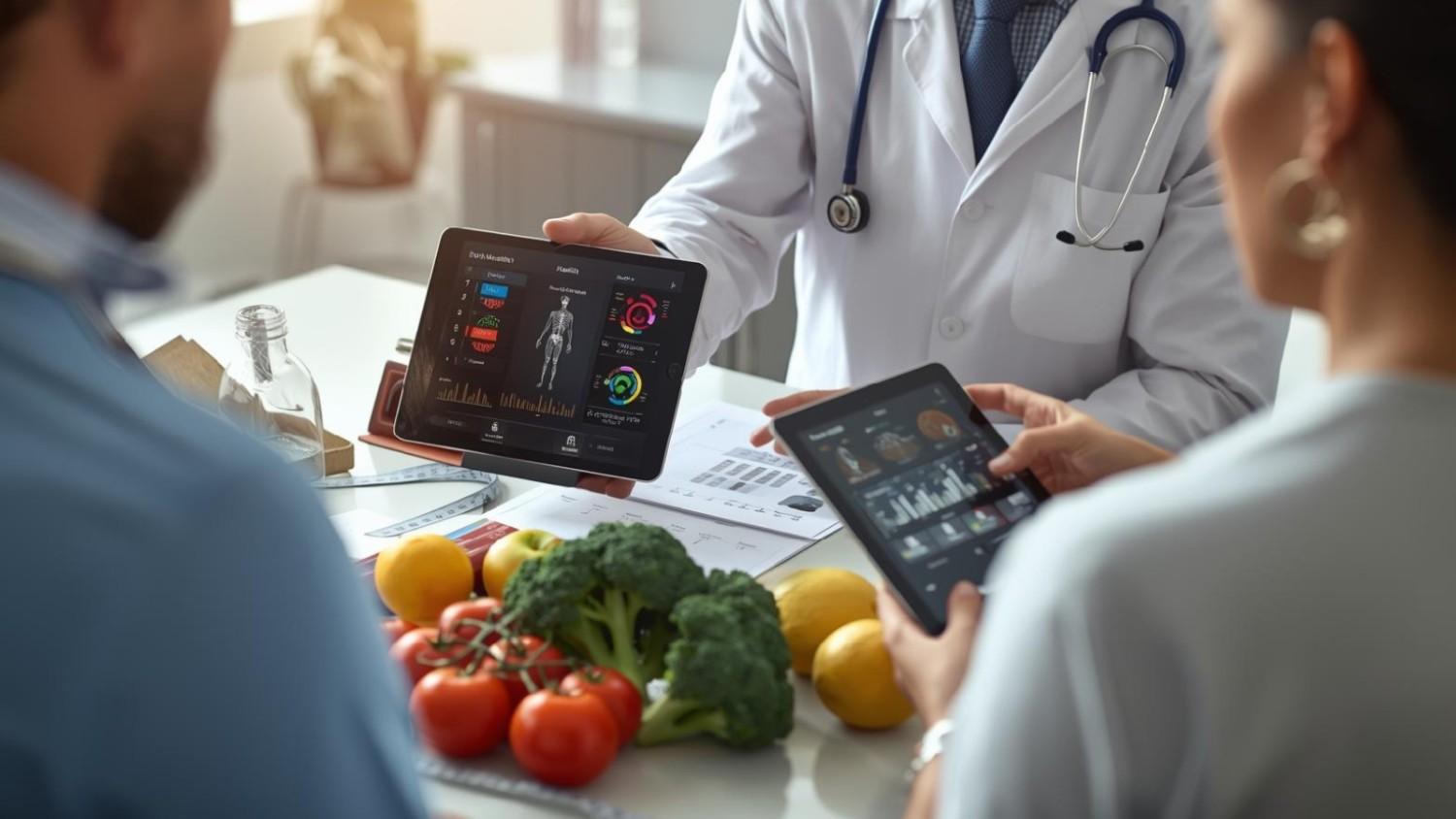 A naturopathic doctor showing health metrics on digital tablets to a patient during a weight loss consultation.