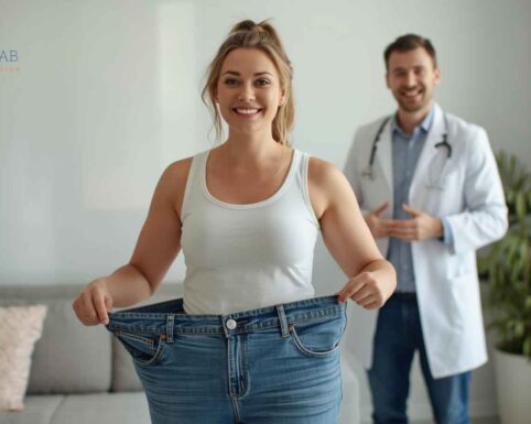 A woman smiles proudly, holding up her oversized jeans after successful metabolic health treatment.