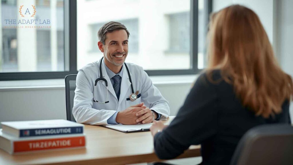 A healthcare professional and patient having a discussion about metabolic health and weight loss.
