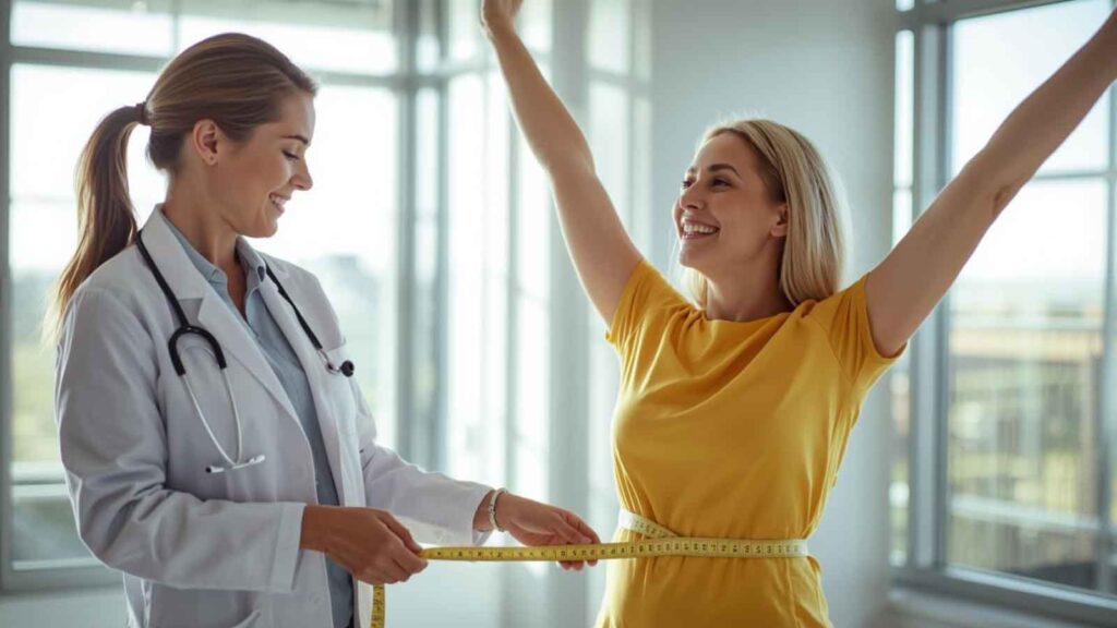 A doctor measures a patient’s waist with a tape measure.