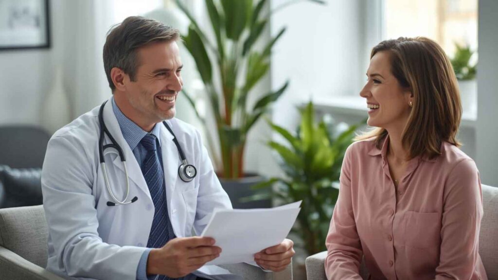 A doctor and patient celebrate the patient's visible progress in metabolic health treatment.