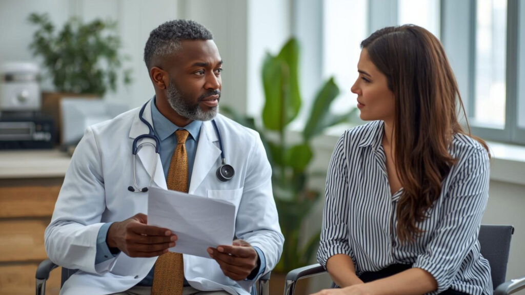 A male doctor explains a weight loss plan to a female patient using her lab data.