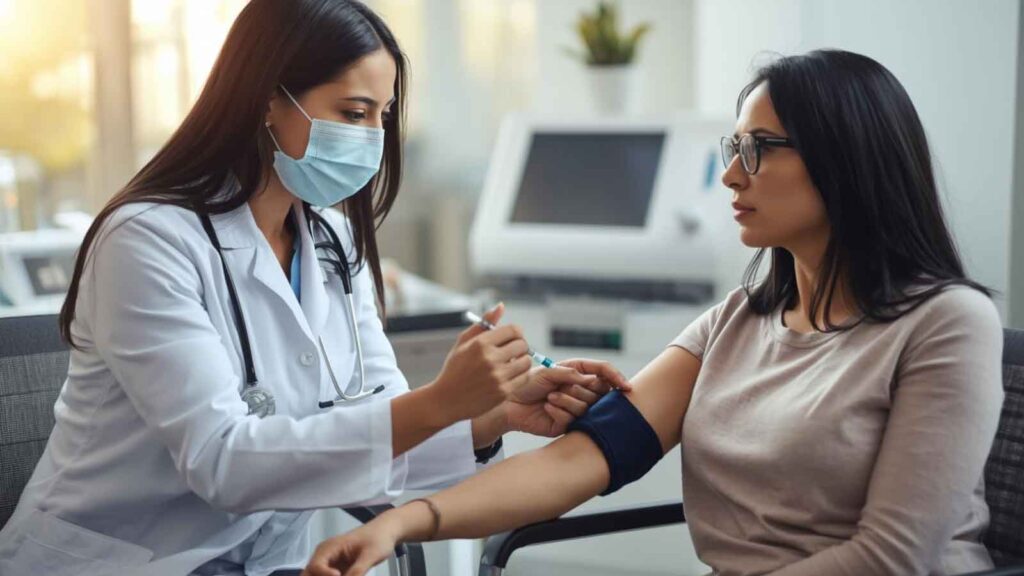 A doctor giving a semaglutide injection to a patient in a modern medical office.