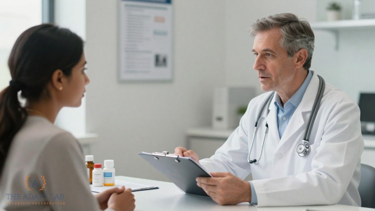Doctor explaining GLP-1 weight management treatment to patient.