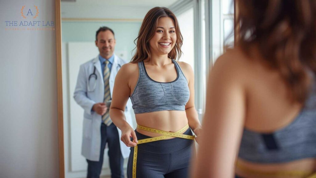 A woman smiles as she measures her waist with a yellow tape measure, while a supportive doctor observes her progress. 
