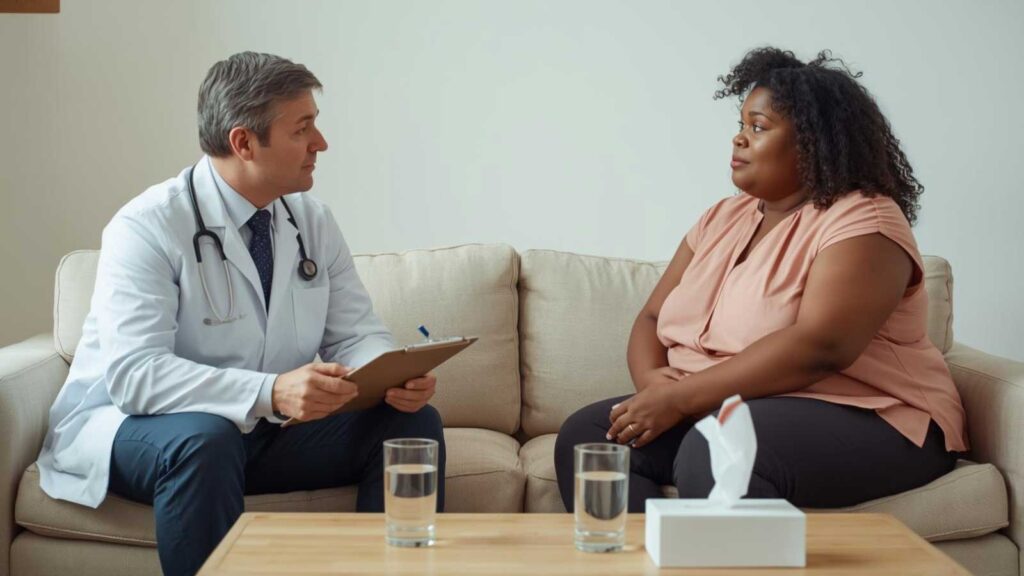  A doctor listens to a patient during a consultation, providing guidance on achieving health goals through tirzepatide.