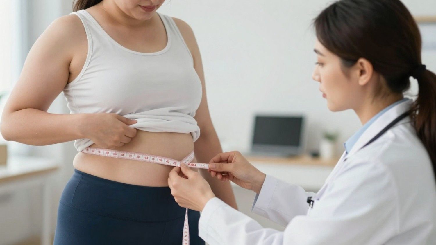 Doctor measuring an overweight patient’s waist during a medical consultation.