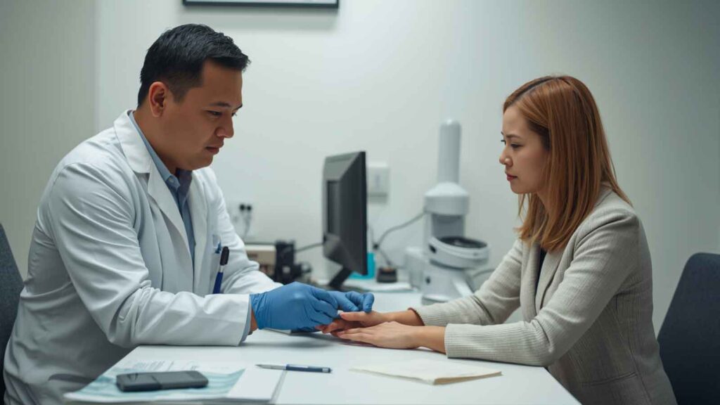 The doctor is performing an insulin test on a patient.