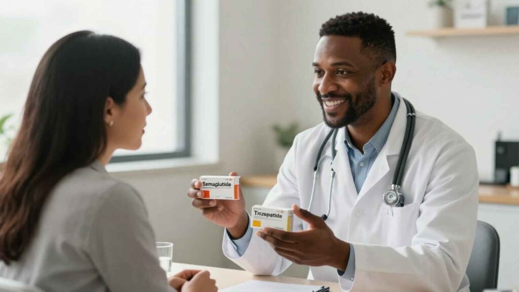 Doctor explaining semaglutide and tirzepatide treatment options to a patient during consultation.