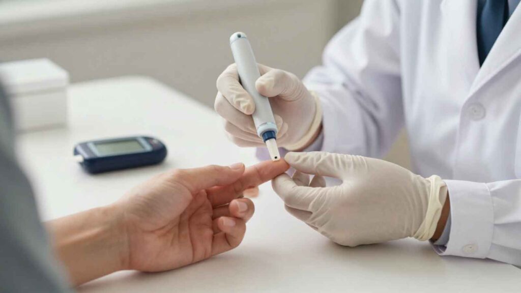 Doctor testing a patient’s blood glucose with a finger-prick device.