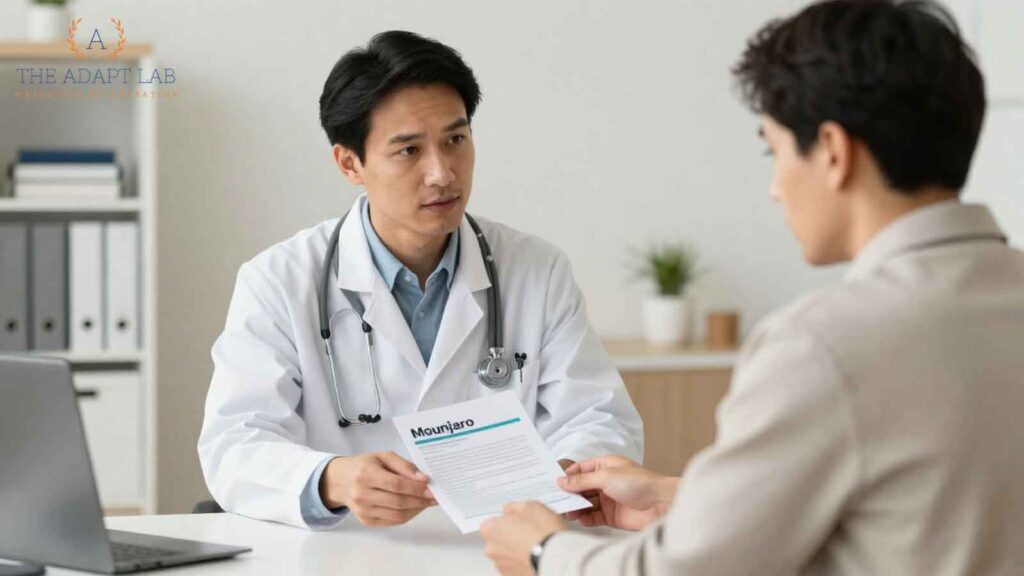Naturopathic doctor discussing Mounjaro treatment with a patient using a printed guide. 