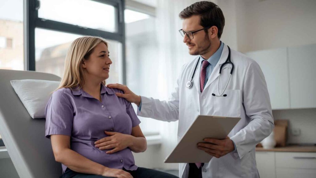  Doctor discussing possible GLP-1 treatment side effects with a patient.