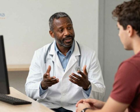 Close conversation between doctor and patient during clinical visit.