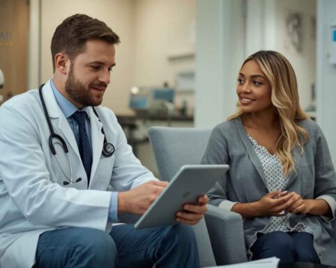 Naturopathic doctor showing data on a tablet during a one-on-one consultation.