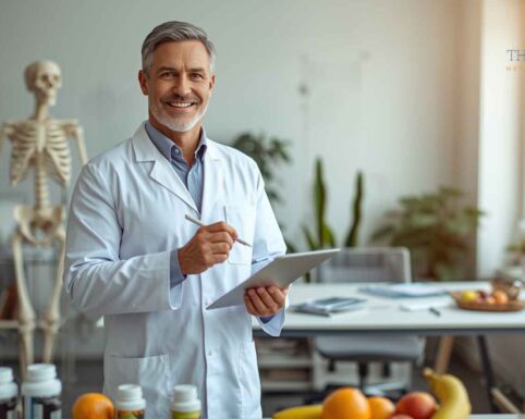 A confident male doctor in a white coat discussing metabolic health with a tablet in hand.