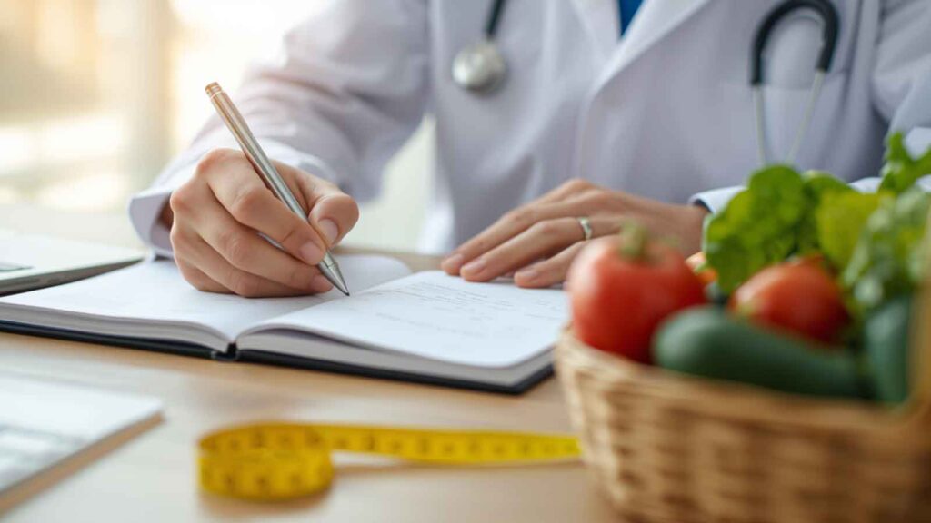 A male naturopathic doctor in a lab coat writing in a notebook.