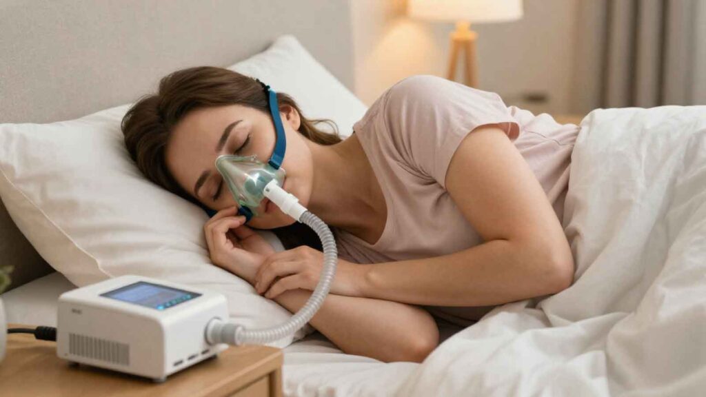 CPAP device delivering airflow through mask during sleep.