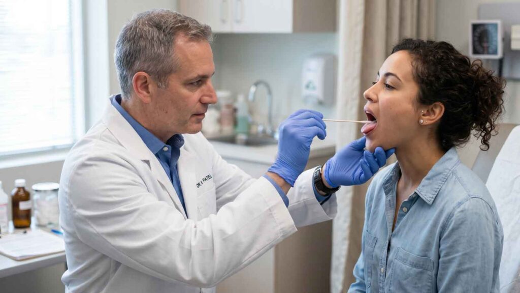 Doctor using a swab to collect a saliva sample from a patient in a medical exam room.