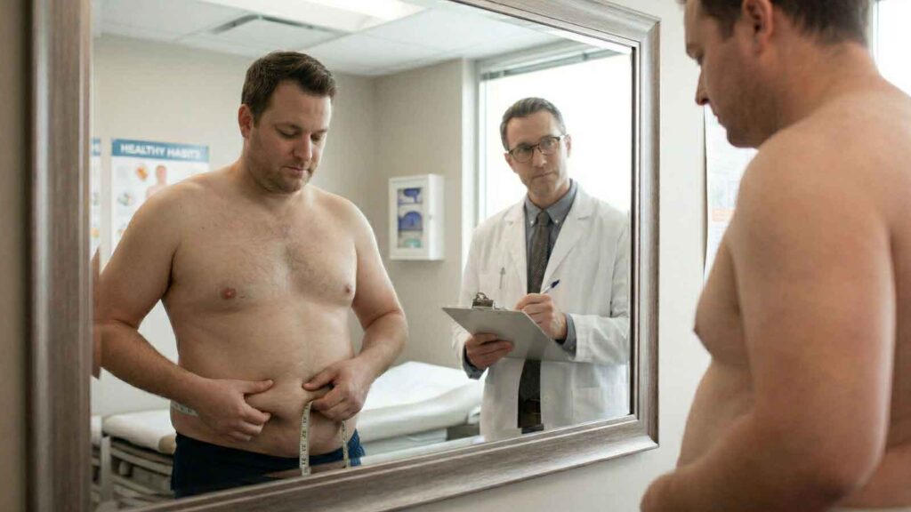 Patient checking waist measurement in mirror during evaluation with doctor.