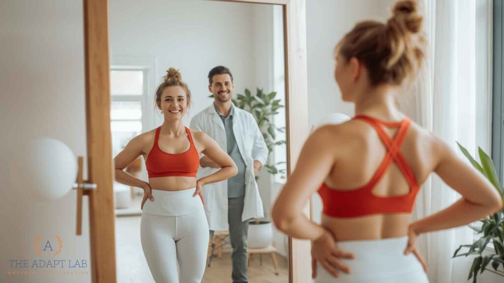 Woman checking her progress in a mirror with a doctor observing supportively.