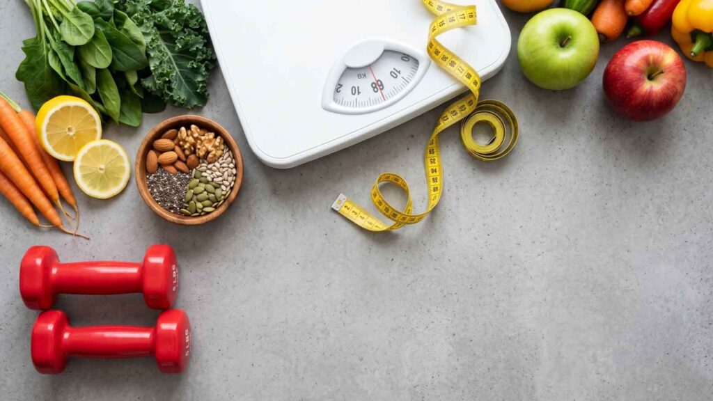 Fresh produce, seeds, and fitness weights.