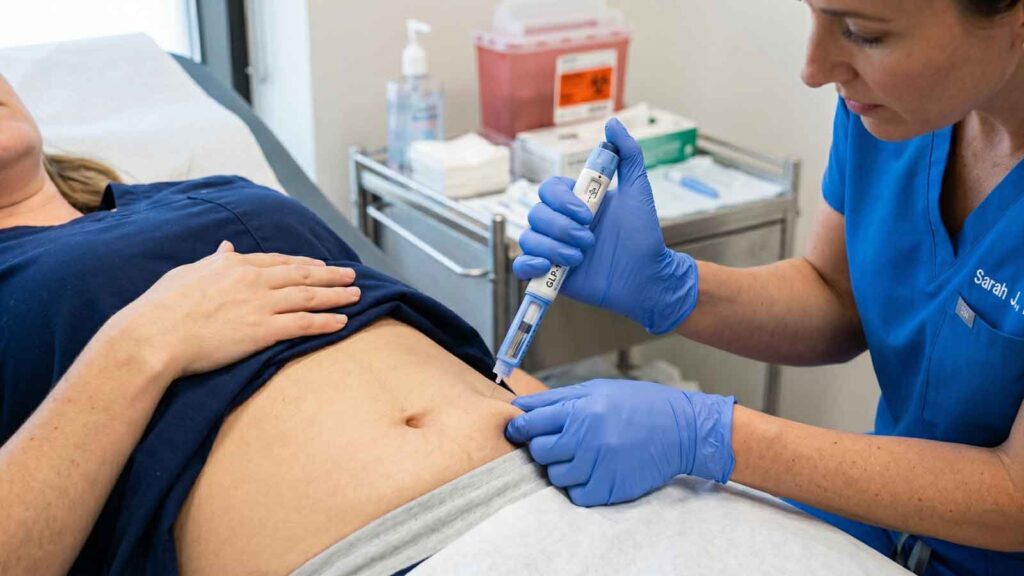 Doctor injecting medication into patient’s abdomen for metabolic treatment.