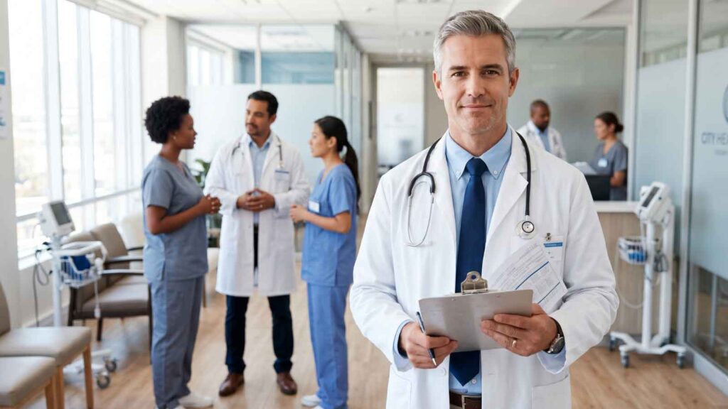 A male doctor in a white coat leads a team of health professionals.