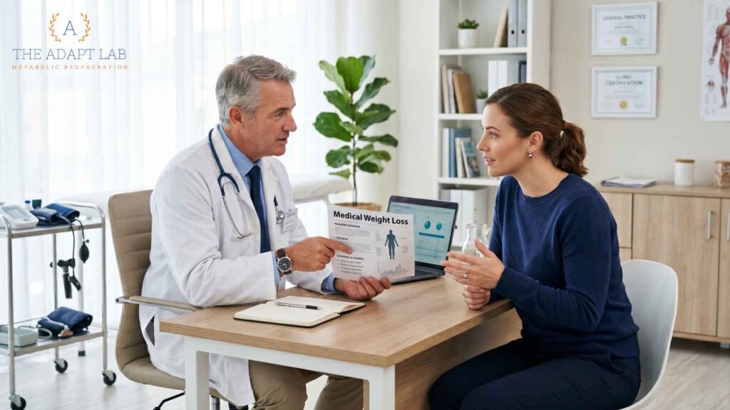 Doctor reviewing medical weight loss plan with patient.