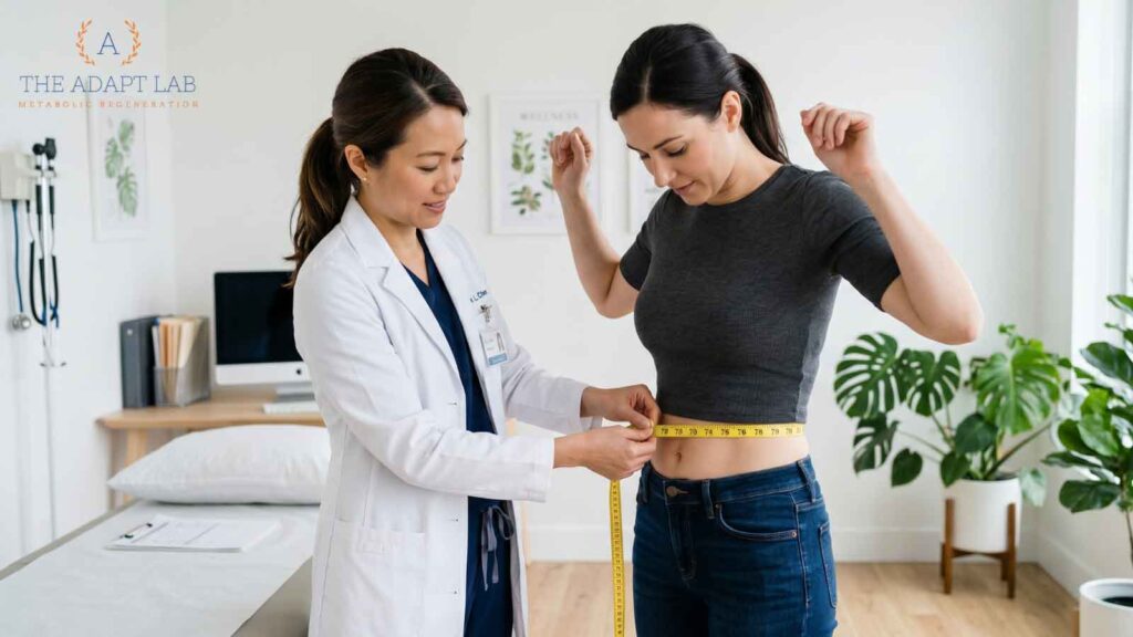 Patient receiving a body measurement as part of a metabolic weight loss program.