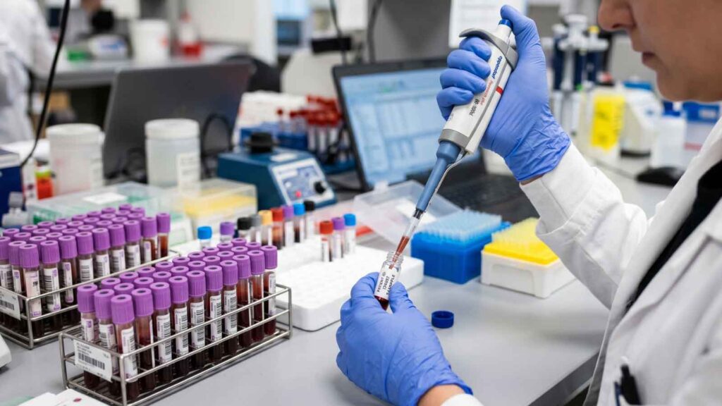 Close-up of blood sample testing with multiple vials in a medical lab.